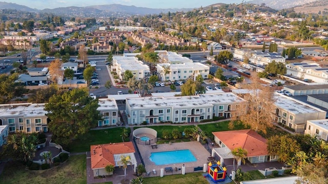 aerial view featuring a residential view and a mountain view