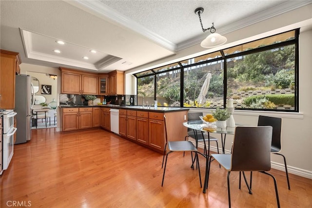 kitchen with a raised ceiling, freestanding refrigerator, brown cabinets, and a wealth of natural light