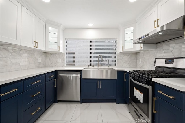 8535 Village Ln, Rosemead, CA 91770 - kitchen featuring a sink, appliances with stainless steel finishes, under cabinet range hood, and blue cabinetry