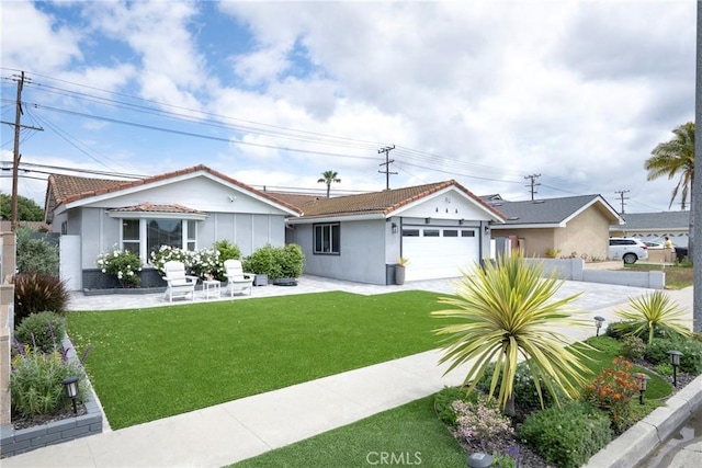 ranch-style house featuring a front lawn, stucco siding, a tiled roof, an attached garage, and driveway