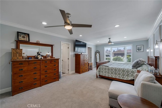 bedroom featuring a ceiling fan, baseboards, ornamental molding, light carpet, and recessed lighting