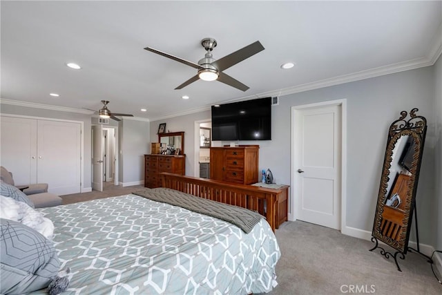 bedroom with recessed lighting, baseboards, light colored carpet, and ornamental molding