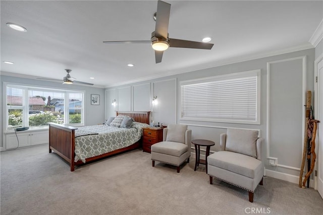 bedroom featuring crown molding, recessed lighting, ceiling fan, and light carpet