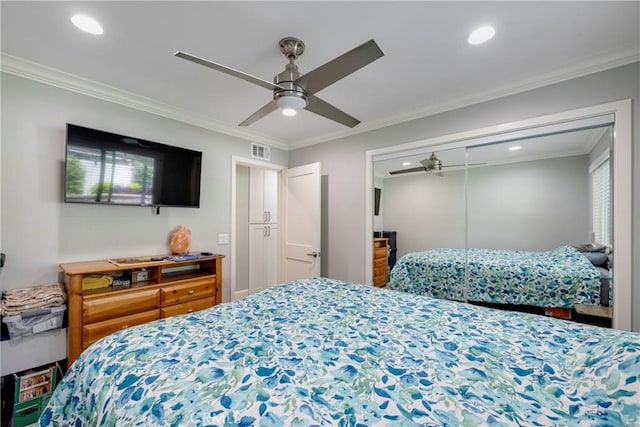 bedroom featuring crown molding, recessed lighting, and visible vents