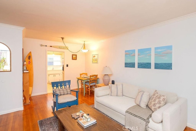 living area featuring baseboards, ornamental molding, and wood finished floors