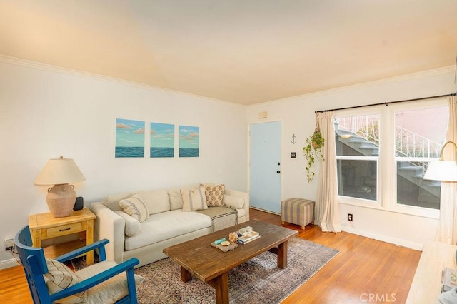 living area featuring crown molding and wood finished floors