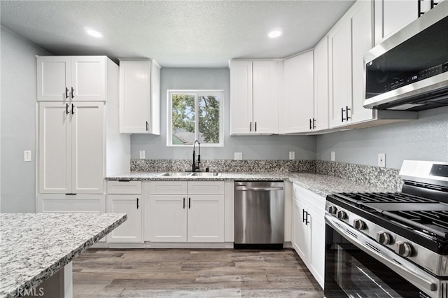 kitchen featuring recessed lighting, appliances with stainless steel finishes, a sink, and light wood-style floors