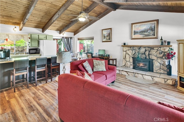 4957 Buck Tail Ln, Paso Robles, CA 93446 - living room featuring light wood finished floors, wooden ceiling, ceiling fan, and a fireplace