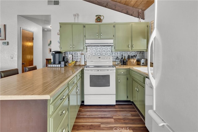 4957 Buck Tail Ln, Paso Robles, CA 93446 - kitchen with white appliances, green cabinetry, a peninsula, range hood, and backsplash