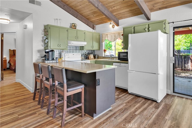 4957 Buck Tail Ln, Paso Robles, CA 93446 - kitchen featuring white appliances, green cabinets, under cabinet range hood, a peninsula, and wooden ceiling