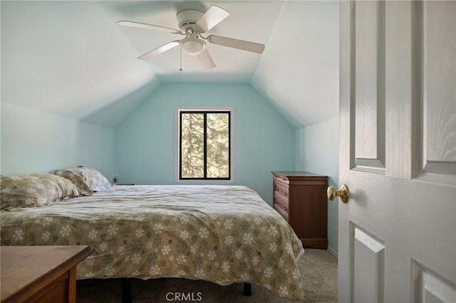 bedroom featuring carpet flooring, ceiling fan, and lofted ceiling
