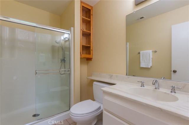 bathroom with visible vents, vanity, toilet, and a shower stall