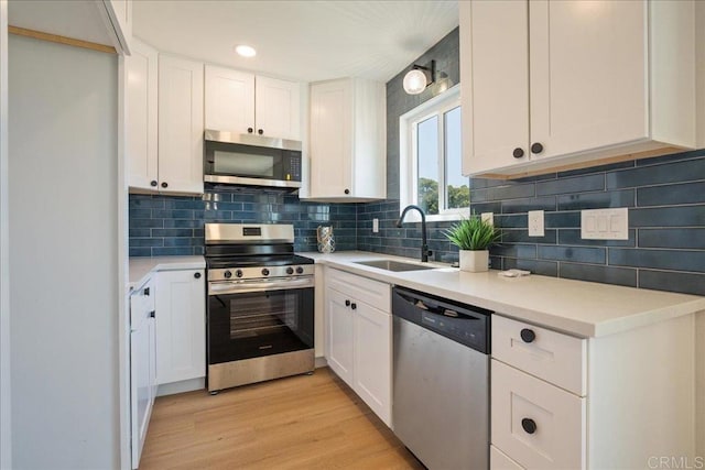 kitchen featuring decorative backsplash, white cabinets, a sink, light wood finished floors, and stainless steel appliances