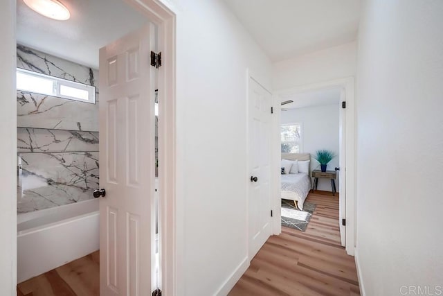 hall with plenty of natural light and light wood finished floors