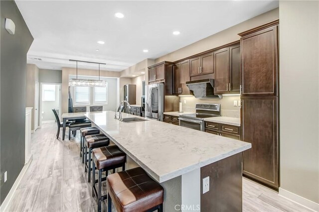 kitchen featuring a kitchen island with sink, baseboards, a sink, light wood finished floors, and stainless steel appliances