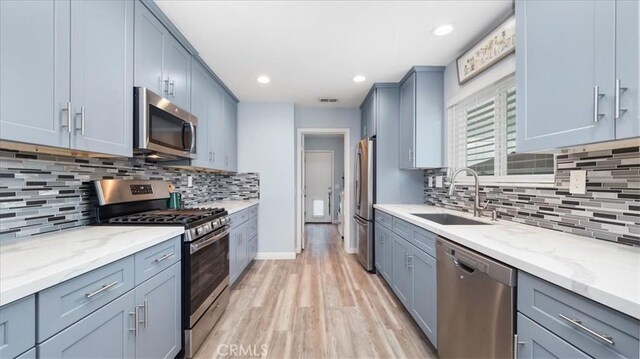 kitchen featuring a sink, light wood-style floors, stainless steel appliances, tasteful backsplash, and visible vents