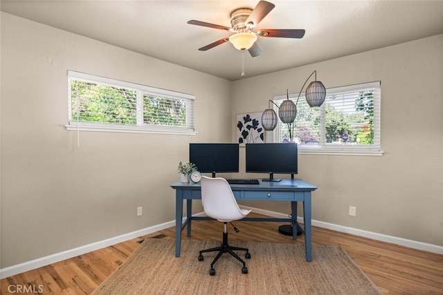 office space with baseboards, ceiling fan, and wood finished floors