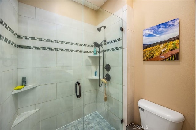 bathroom with a shower stall and toilet