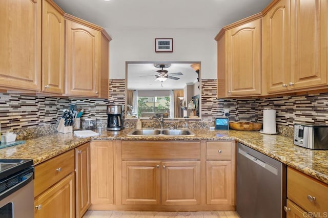 kitchen featuring backsplash, a ceiling fan, a sink, and dishwasher