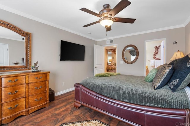 bedroom featuring a ceiling fan, visible vents, wood finished floors, baseboards, and ornamental molding