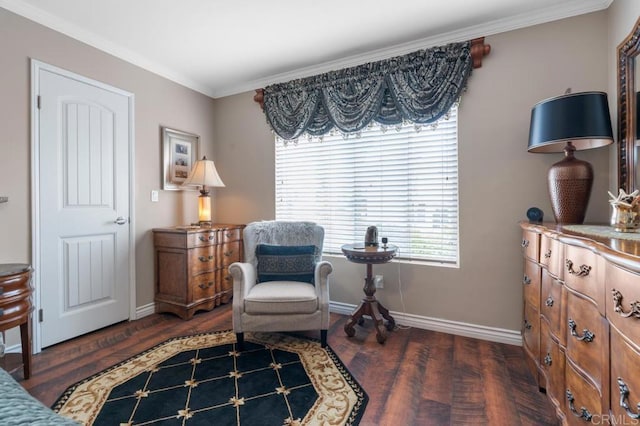 living area with crown molding, baseboards, and dark wood-type flooring