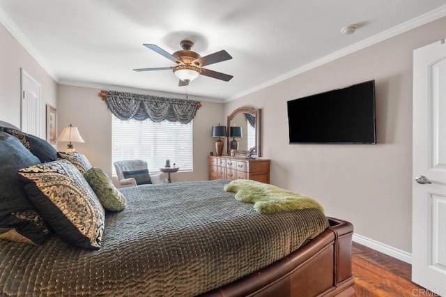 bedroom featuring baseboards, ornamental molding, and ceiling fan