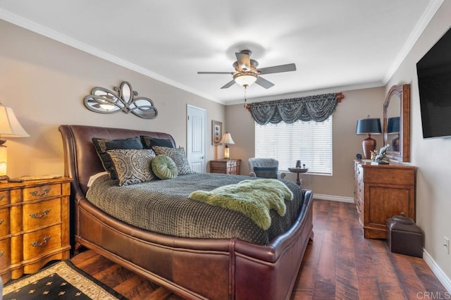 bedroom with crown molding, baseboards, ceiling fan, and dark wood-style floors