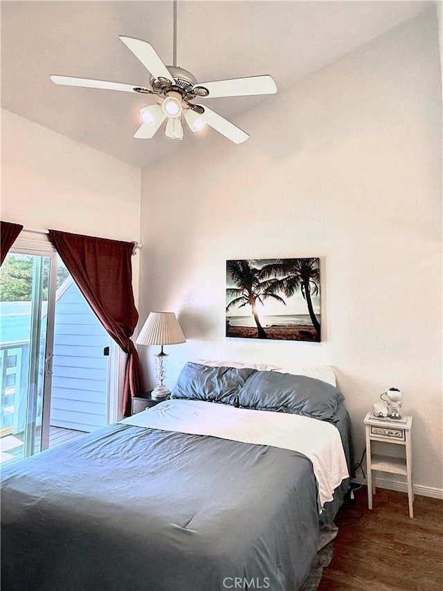 24612 Harbor View Dr Unit 55C, Dana Point, CA 92629 - bedroom featuring access to exterior, lofted ceiling, wood finished floors, baseboards, and a ceiling fan