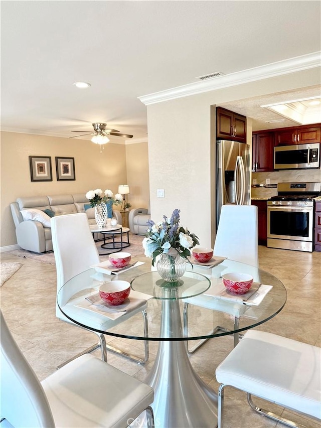 24612 Harbor View Dr Unit 55C, Dana Point, CA 92629 - dining area with crown molding, a ceiling fan, light tile patterned flooring, and recessed lighting