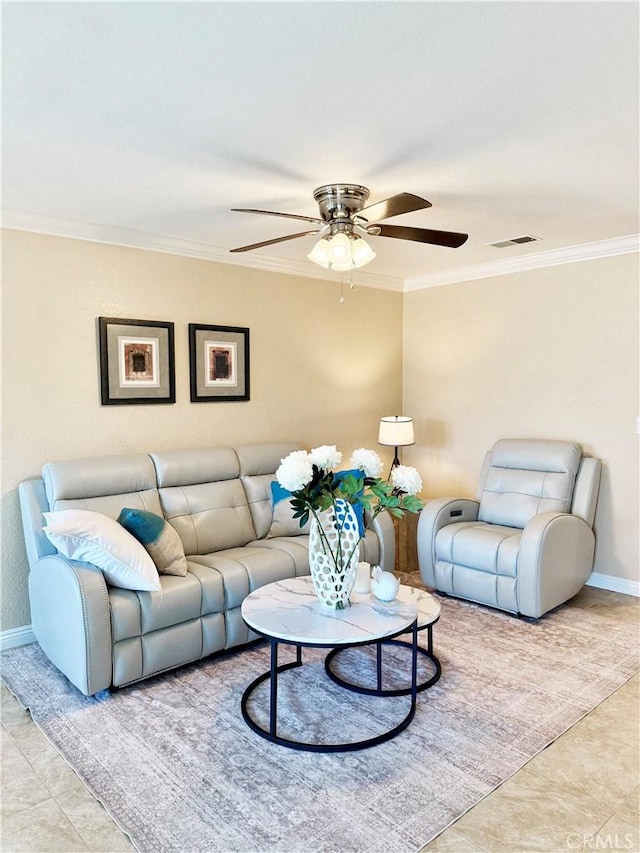 24612 Harbor View Dr Unit 55C, Dana Point, CA 92629 - living room featuring baseboards, ornamental molding, a ceiling fan, and tile patterned flooring