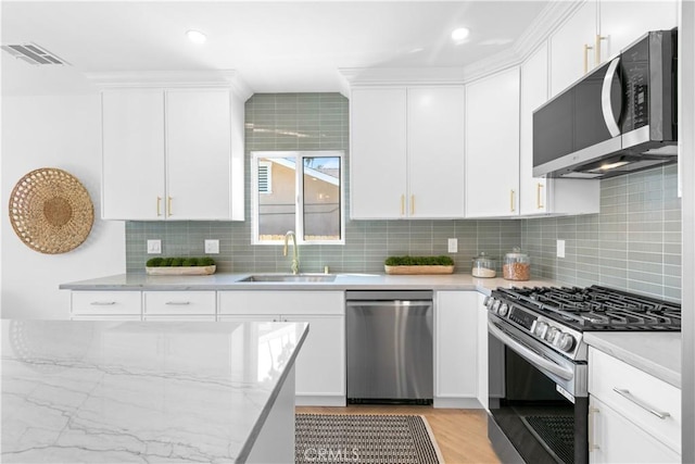 kitchen with white cabinets, stainless steel appliances, a sink, and tasteful backsplash