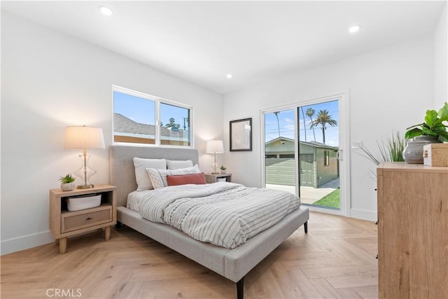bedroom featuring recessed lighting, baseboards, and access to exterior