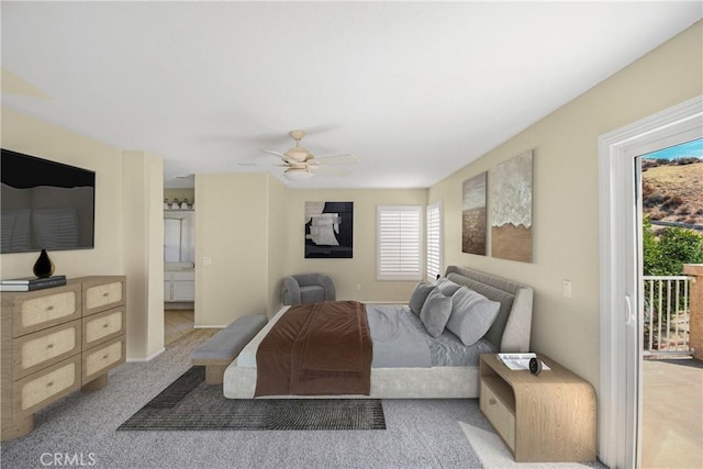 30526 Beryl Pl, Castaic, CA 91384 - bedroom with access to outside, a ceiling fan, multiple windows, and light colored carpet