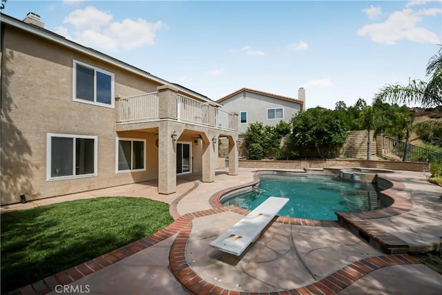 30526 Beryl Pl, Castaic, CA 91384 - view of swimming pool with fence private yard, stairs, a patio area, a diving board, and a pool with connected hot tub