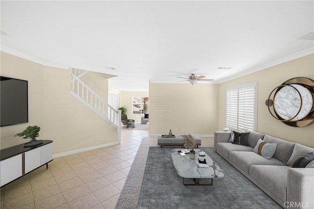 30526 Beryl Pl, Castaic, CA 91384 - living area featuring crown molding, tile patterned flooring, and ceiling fan