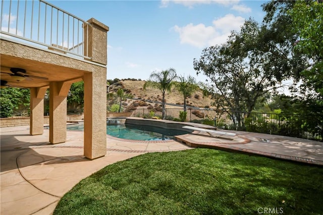 30526 Beryl Pl, Castaic, CA 91384 - view of swimming pool with fence, a diving board, a fenced in pool, a ceiling fan, and a patio