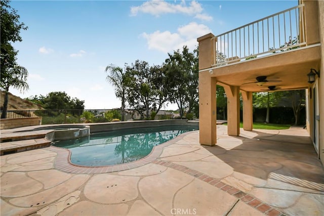 30526 Beryl Pl, Castaic, CA 91384 - view of swimming pool with a fenced backyard, a patio, ceiling fan, and a pool with connected hot tub