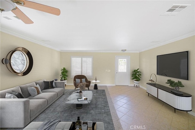 30526 Beryl Pl, Castaic, CA 91384 - living room featuring crown molding, light tile patterned flooring, ceiling fan, and visible vents