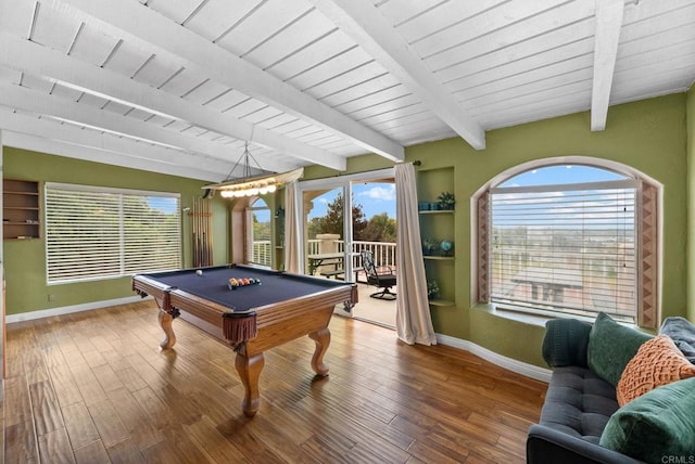 1994 Warmlands Ave, Vista, CA 92084 - rec room featuring baseboards, beamed ceiling, billiards table, wood finished floors, and wooden ceiling