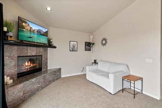 1994 Warmlands Ave, Vista, CA 92084 - sitting room featuring carpet floors, a tile fireplace, baseboards, recessed lighting, and vaulted ceiling