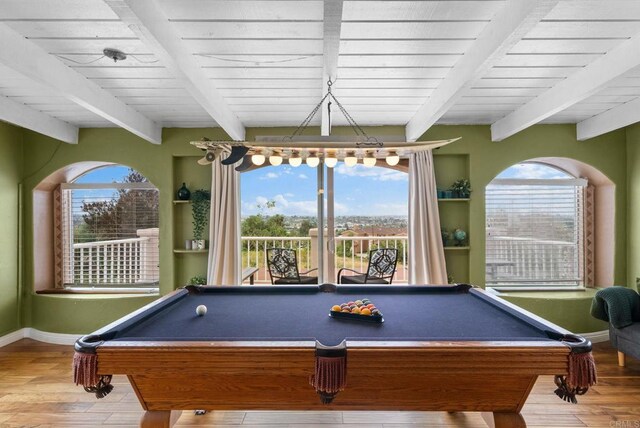 1994 Warmlands Ave, Vista, CA 92084 - rec room with baseboards, beam ceiling, billiards, wood finished floors, and healthy amount of natural light