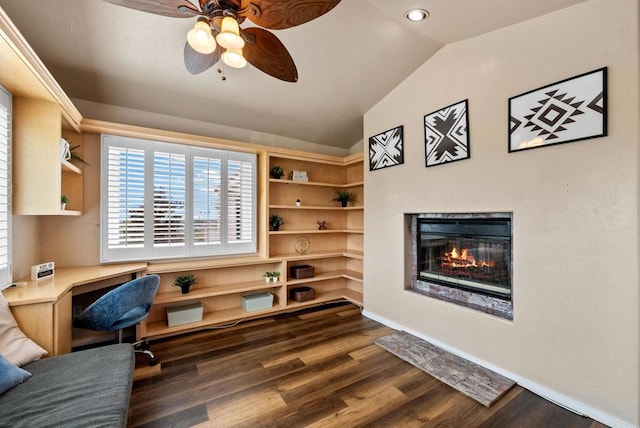 1994 Warmlands Ave, Vista, CA 92084 - office space featuring ceiling fan, lofted ceiling, dark wood-style floors, a glass covered fireplace, and recessed lighting
