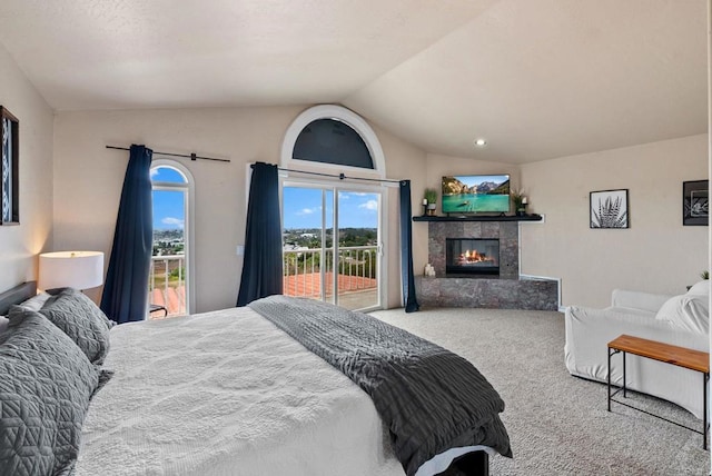 1994 Warmlands Ave, Vista, CA 92084 - bedroom with access to outside, lofted ceiling, carpet floors, and a tiled fireplace