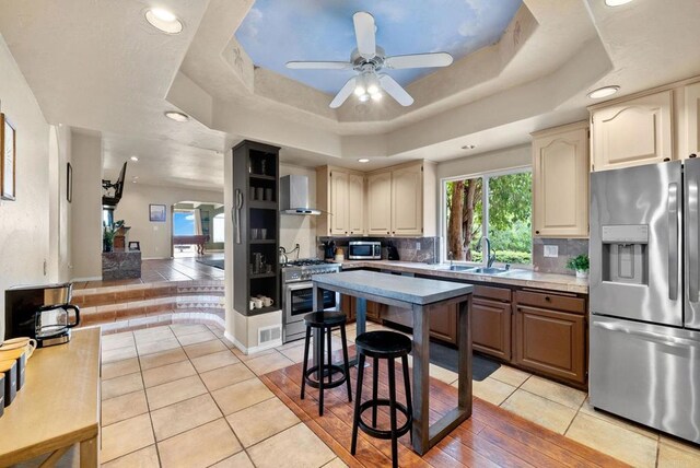 1994 Warmlands Ave, Vista, CA 92084 - kitchen with appliances with stainless steel finishes, wall chimney range hood, a sink, a tray ceiling, and a ceiling fan