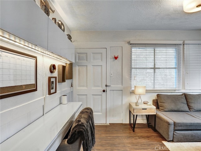 16855 12th St, Sunset Beach, CA 90742 - living room with a textured ceiling and dark wood-type flooring