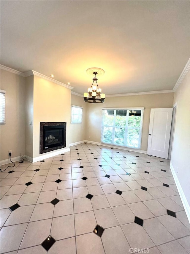 unfurnished living room with crown molding, baseboards, an inviting chandelier, and light tile patterned floors