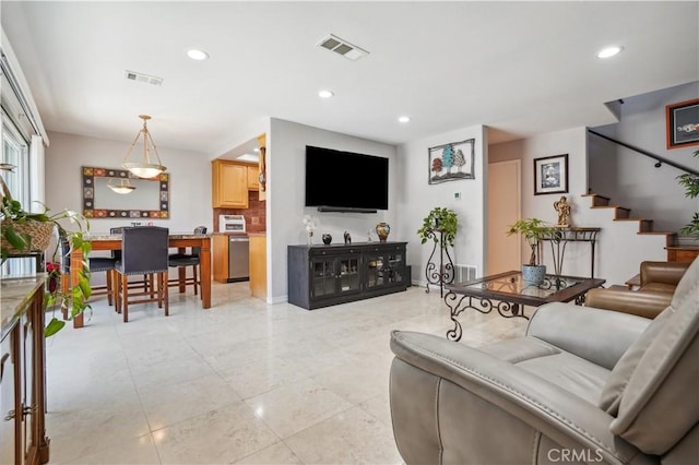 20332 Flower Gate Ln Unit 7, Yorba Linda, CA 92886 - living room with recessed lighting, visible vents, and stairs