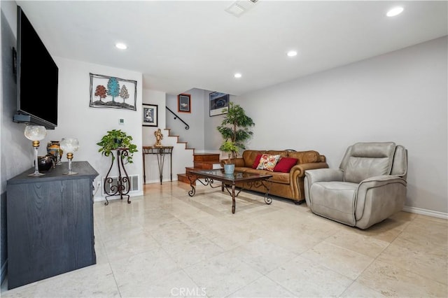living area with recessed lighting, baseboards, stairs, and visible vents