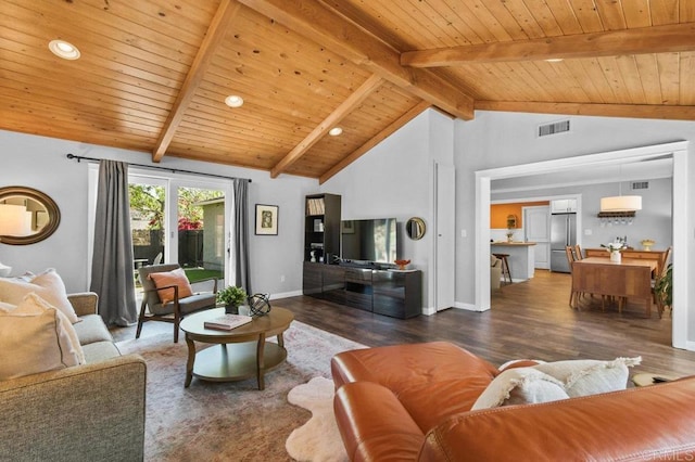 living area with wooden ceiling, lofted ceiling with beams, wood finished floors, and visible vents
