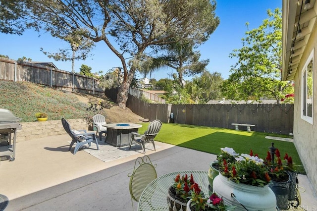 view of patio / terrace with a fenced backyard and an outdoor fire pit